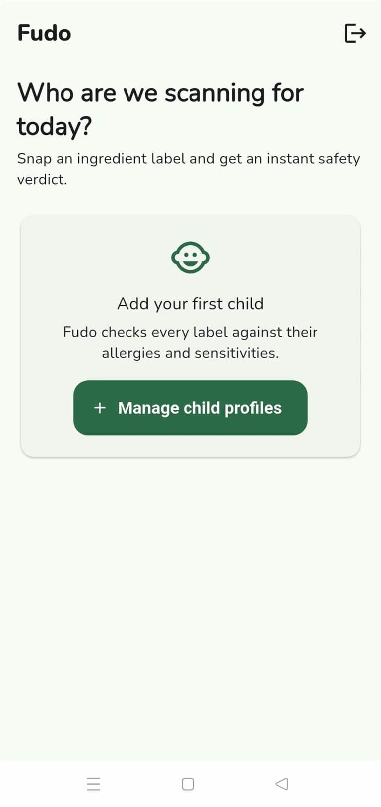 Fudo empty state: add your first child so labels are checked against their allergies