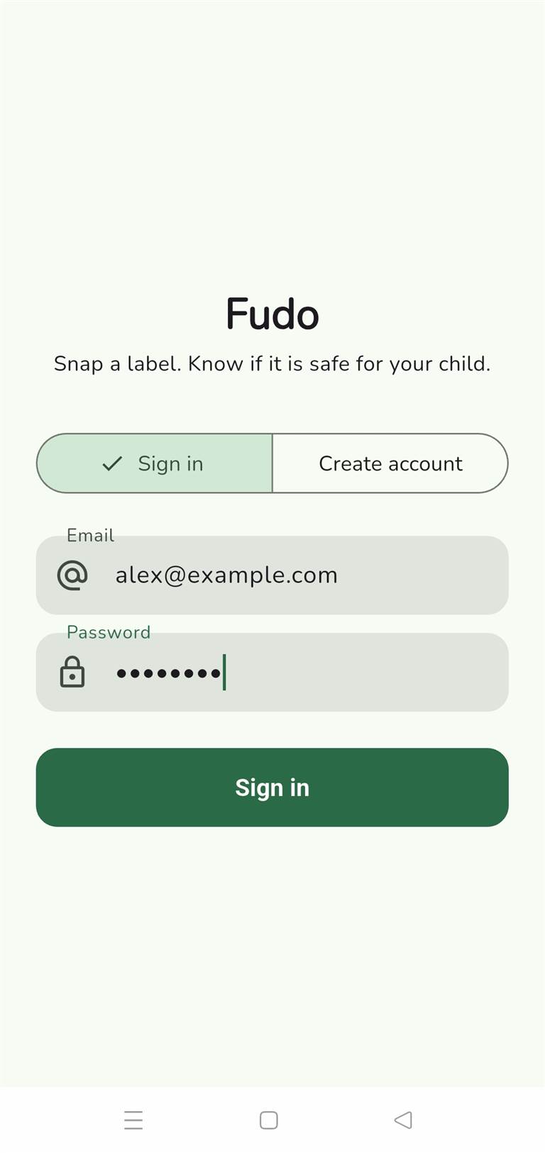 Fudo sign-in screen: snap a label, know if it is safe for your child